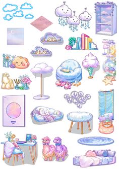 a bunch of items that are on a white surface with blue and pink colors in the background