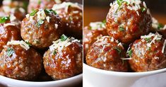 two pictures of meatballs with parmesan cheese on top in a white bowl