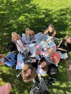 a group of people sitting around a table on top of a grass covered park area