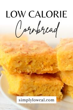 low calorie cornbread on a white plate with the words, low calorie cornbread