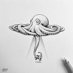 an octopus is floating in the air with its head above it's body and legs