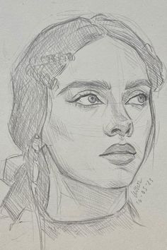 a pencil drawing of a woman's face with earrings on her head