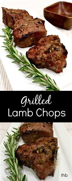 grilled lamb chops on a white plate with rosemary garnish