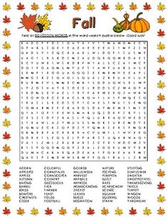 the fall word search is shown in this image