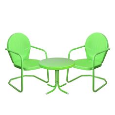 two green chairs and a table on a white background