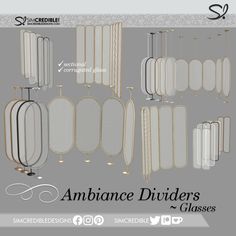 an assortment of dividers and glasses for the furniture in this set is shown