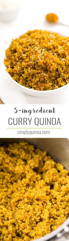 curry quinoa in a white bowl with the title text overlaying it