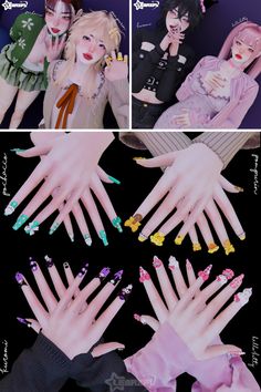 four different images of hands with nail polish designs on them, and one showing the same manicures