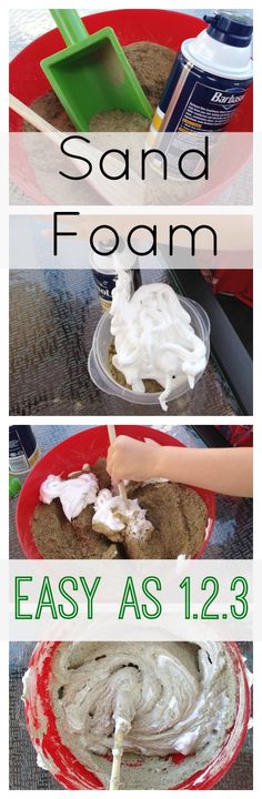 two pictures showing how to make sand in a bowl with the words easy as 1 / 2