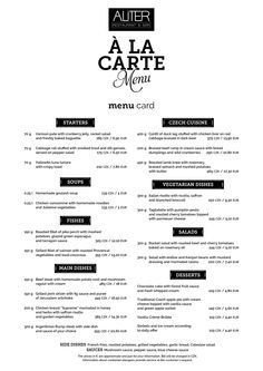 a menu for a restaurant with black and white lettering