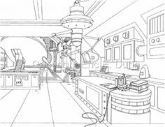 a black and white drawing of a kitchen