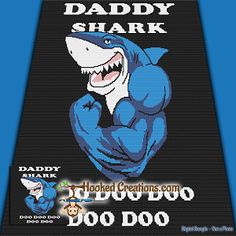 a cross stitch pattern of a shark with the words daddy shark on it's chest