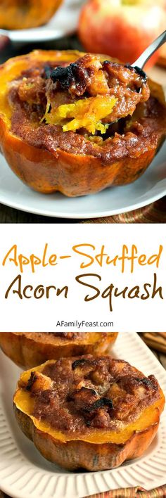 an apple - stuffed acorn squash is shown on a plate with the title above it