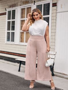 Baby Pink Casual   Polyester Plain Wide Leg  Non-Stretch Spring Plus Size Bottoms Elegant Casual Plus Size, Quiet Luxury Plus Size, Smart Casual Plus Size Women, Spring Business Attire, Office Wear Plus Size, Bas Large, Film Moodboard, Corporate Girly, Pink Pants Outfit