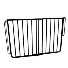 a black metal gate with bars on the top and bottom, against a white background