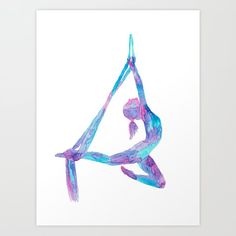 a watercolor drawing of a woman doing yoga art print on white paper with blue and pink colors