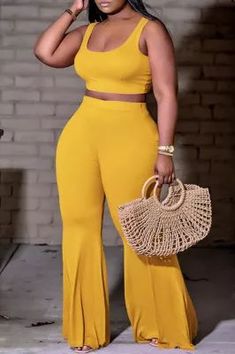 Yellow Sexy Casual Solid Basic U Neck Sleeveless Two Pieces U Neck, Wholesale Fashion, Two Pieces, Pants Set, Buy Now, Fashion Dresses, Two Piece, Yellow