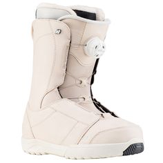 the snowboard boots are white and have black accents on each side of the boot