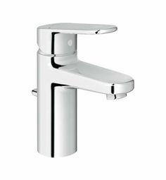 a white faucet with chrome handles on a white background