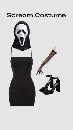 a woman in a black dress and white mask next to high heeled shoes with the words scream costume on it