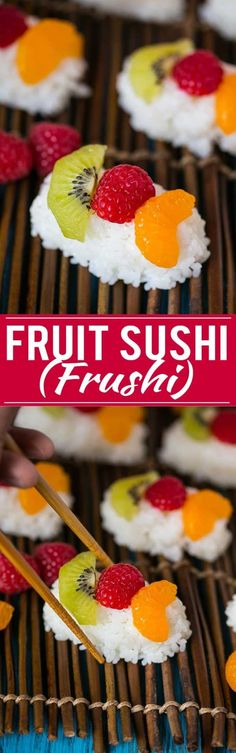 fruit sushi rolls with chopsticks on a bamboo tray and the words, fruit sushi marshmallows