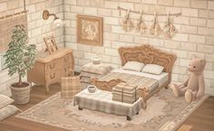 a bedroom scene with a bed, dresser and teddy bear on the floor in front of a brick wall