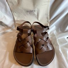 Sandal Brown, From The Spanish Brand Hereu. Handcrafted Woven Grained Leather Flat Sandals In Brown. Size 39 (9). New Wo Tags See Pictures Leather Sandals Flat, Brown Sandals, Flat Sandals, Women's Shoes Sandals, Shoes Sandals, Women Shoes, Sandals, Tags, Leather