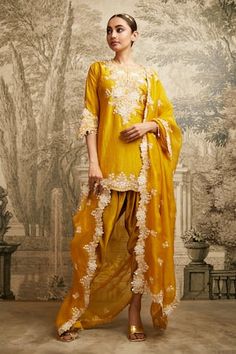 Mustard silk textured short kurta featuring resham-lampi embroidered floral vine motifs, embellished by applique, pearl and sequins. Comes with tulip pant and cut-out border dupatta. - Aza Fashions Tulip Pants, Short Kurta, Women Kurta, Straight Kurta, Floral Vine, Set Women, Pants Pattern, Pant Set, Embroidered Silk