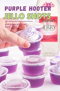 purple hooter jello shots with grape jelly and red berry vodka in plastic cups