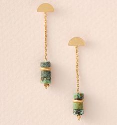 Stone Meteor Thread Earring - African Turquoise Gold - Mockingbird on Broad Everyday Turquoise Brass Jewelry, Bath Clothes, Hand Embroidered Pillows, Mens Soap, Thread Earrings, African Turquoise, Craft Accessories, Hypoallergenic Earrings, Gold Dipped