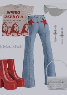 Red Platform Heels, Chunky Heel Boots, Red Platform, 2000s Fashion Outfits, Aesthetic Pinterest, Swaggy Outfits, Red Outfit, Ootd Outfit, 2000s Fashion