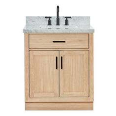 a bathroom vanity with marble top and two doors on one side, sink in the middle