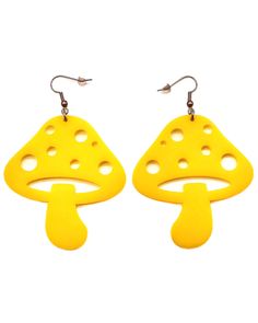 Mushroom Earrings | Vibrant Colors for Raves & Music Festivals Fun Handmade Adjustable Earrings, Handmade Adjustable Fun Earrings, Handmade Adjustable Plug Earrings For Party, Fun Mushroom Design Jewelry For Gifts, Fun Mushroom Design Jewelry Gift, Whimsical Pierced Earrings For Festival, Whimsical Festival Earrings, Playful Adjustable Yellow Earrings, Funky Adjustable Dangle Earrings