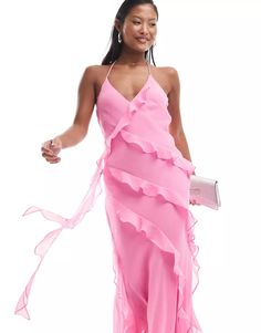 Ever New Petite ruffle halterneck maxi dress in pink | ASOS Glamorous Halter Neck Maxi Dress For Spring, Chic Spring Halter Dress For Prom, Pink Sleeveless Maxi Dress For Wedding Guest, Flirty Halter Neck Maxi Dress For Party, Summer Prom Halter Dress In Midi Length, Summer Halter Midi Dress For Prom, Chic Pink Maxi Dress For Wedding Guest, Halter Midi Dress For Summer Prom, Summer Prom Midi Halter Dress