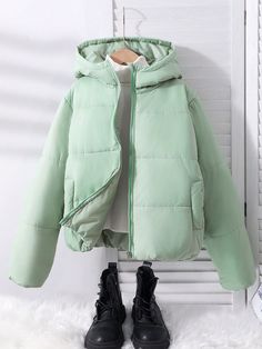 Teens' Casual Simple Hooded Padded Coat Army Green   Long Sleeve Woven Fabric Plain Puffer Non-Stretch  Teen Girls Clothing, size features are:Bust: ,Length: ,Sleeve Length: Trendy Puffer Hooded Jacket, Winter Puffer Jacket With Drawstring Hood, Hooded Cotton Puffer Jacket For Cold Weather, Trendy Hooded Puffer Jacket, Hooded Cotton Puffer Jacket With Pockets, Solid Hooded Puffer Jacket, Hooded Puffer Jacket For Spring, Trendy Cotton Puffer Jacket For Outdoor, Hooded Cotton Puffer Parka