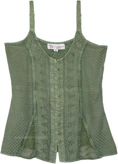 A gorgeous olive green scooped v-neck soft rayon top.  It's in a tank top style with some delicate embroidery featured all over and all buttoned style. #tlb #Embroidered #bohemianfashion #Haltertop #fairytop #renaissancetop #oldstyletop Oversized Clothing, Fairy Top, Camila Morrone, Rayon Top, Trendy Skirts, Medieval Fashion, Dream Clothes, Looks Vintage