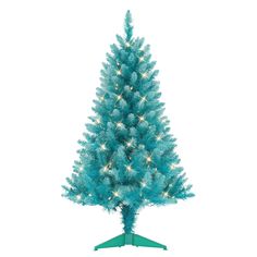 a blue christmas tree with white lights on it's base and green stand, in front of a white background