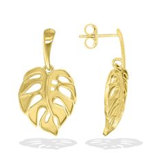 14K Yellow Gold Monstera Dangle Earrings. The Monstera Leaf measures approximately 3/4" in length. 14k Gold Hallmarked Drop Earrings, Tarnish-resistant Yellow Gold Dangle Earrings, Yellow Gold Dangle Earrings With Polished Finish, Yellow Gold Sterling Silver Dangle Earrings, 14k Yellow Gold Drop Earrings, Fine Jewels, Monstera Leaf, Dangle Earrings, Yellow Gold