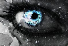 an eye with musical notes reflected in it's blue eyeshade and water droplets