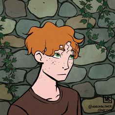 a boy with red hair and green eyes standing in front of a stone wall