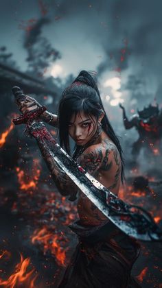 Anime Samurai Woman, Shinobi Tattoo, Japanese Warrior Woman, Warrior Queen Aesthetic, Female Samurai Tattoo, Classic Anime Style, Japanese Warrior Tattoo, Egyptian Kings And Queens