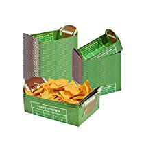 two green boxes filled with potato chips and a football on the top one is empty