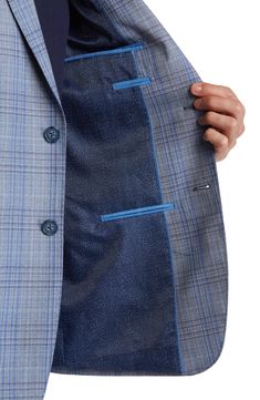 Look polished while staying comfortable in this ultrastretchy wool-blend suit cut with a trim fit for a modern silhouette. Jacket has notched lapels Lined 70% wool, 20% Tencel® lyocell, 10% polyester Tencel lyocell is a sustainably produced fiber made with closed-loop processing Dry clean Imported Blue Blazer With Notch Lapel And Concealed Placket, Blue Notch Lapel Blazer With Concealed Placket, Blue Sport Coat With Notch Lapel And Concealed Placket, Tailored Blue Sport Coat With Concealed Placket, Modern Blue Suit With Notch Lapel, Modern Blue Suits With Notch Lapel, Modern Blue Suit For Business Casual, Modern Blue Suits For Business Casual, Fitted Blue Wool Sport Coat