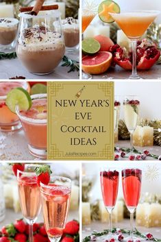 new year's eve cocktails collage with strawberries, orange slices and champagne