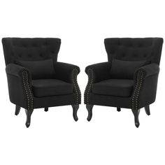 a pair of black chairs sitting next to each other