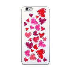 an iphone case with hearts drawn on it, in red and pink colors against a white background