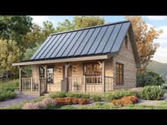 a small wooden cabin with a metal roof