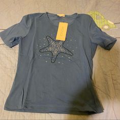 New And With Tags Embellished Star Fish Shirt. Made In Italy. E Fish Shirt, Sailor Shorts, Star Fish, Round Neck Tees, Embroidered Tshirt, Yellow Stripes, Fishing Shirts, Striped Shorts, Striped Shirt