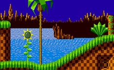 an old - school computer game is shown in the image, with palm trees and water