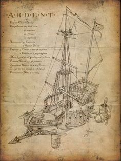 an old pirate ship is shown on parchment paper with writing in the center and below it